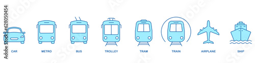 Public Transportation Line Icon Set. Vehicle Transport Color Symbol Collection. Car, Train, Bus, Plane, Ship Linear Pictogram. Traffic Sign. Editable Stroke. Isolated Vector Illustration