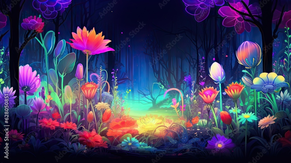 Fototapeta premium Abstract cosmic landscape of field with blossoming flowers, magical galaxy space or universe. Floral AI illustration. Digital art..