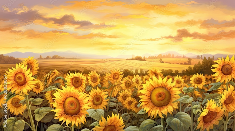 Golden sunflower field. Blossom sunflowers landscape. Hand Paint summer floral Impressionist style. Modern art. AI illustration for book covers, posters, banners and flyers.