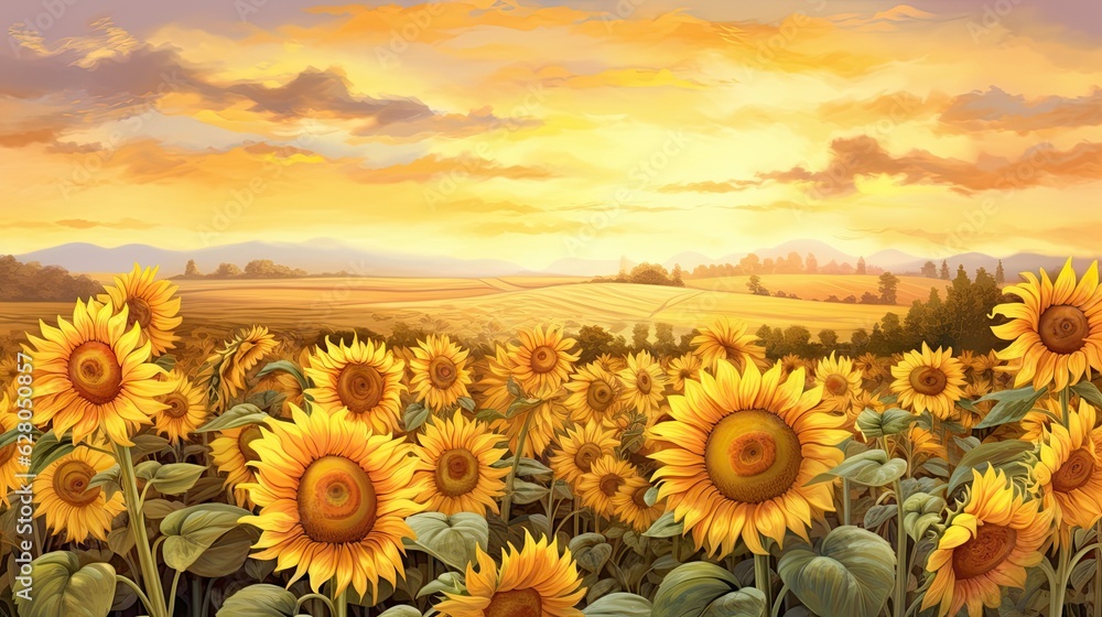 Obraz premium Golden&nbsp;sunflower&nbsp;field. Blossom sunflowers landscape. Hand Paint summer floral Impressionist style. Modern art. AI illustration for book covers, posters, banners and flyers.