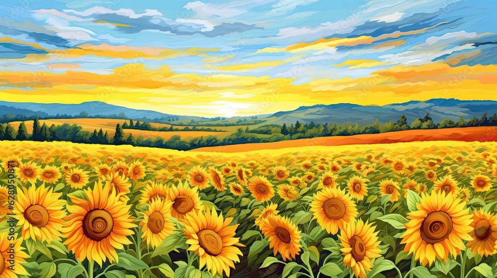 Obraz premium Golden&nbsp;sunflower&nbsp;field. Blossom sunflowers landscape. Hand Paint summer floral Impressionist style. Modern art. AI illustration for book covers, posters, banners and flyers.