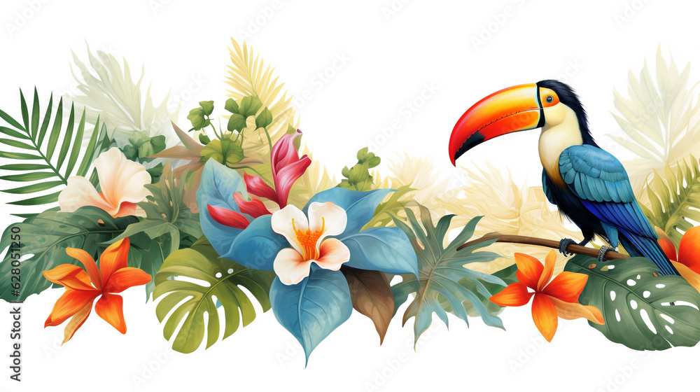 Obraz premium toucan in the jungle on a branch among flowers on a white background. colorful illustration. Generative Ai.