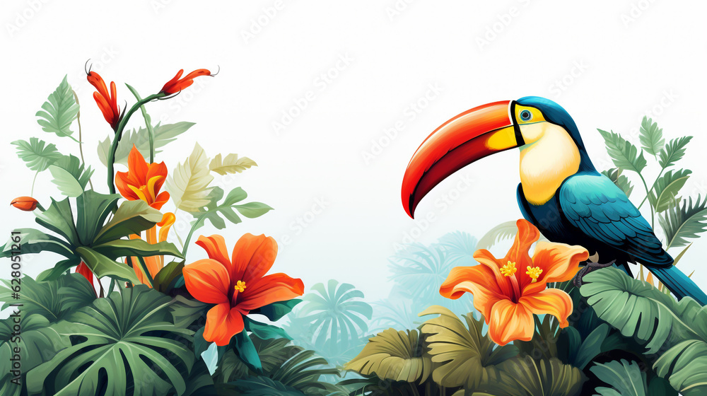 toucan among the flowers in the jungle on a white background. Generative Ai. toucan among the flowers in the jungle on a white background. Generative Ai.