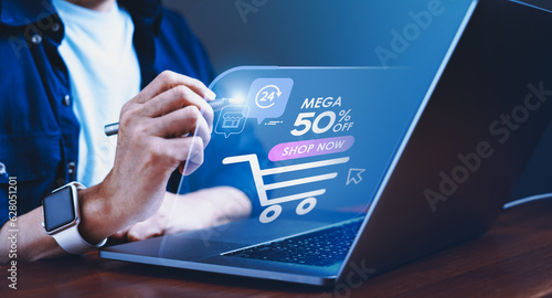 Seamless Online Shopping, Man Scoring Discounts on Virtual Screen