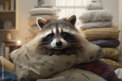Adorable Raccoon Cozied Up in a Giant Pile of Cushions - AI generated