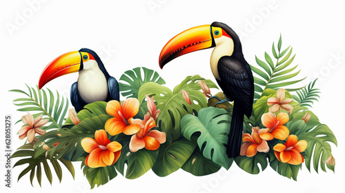 toucans in the jungle colorful illustration on white background. Generative Ai. 