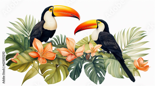 two toucans on a branch white background, colorful illustration. Generative Ai. 