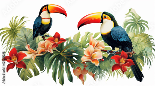 two toucans in the jungle on a branch on a white background, illustration. Generative Ai. 