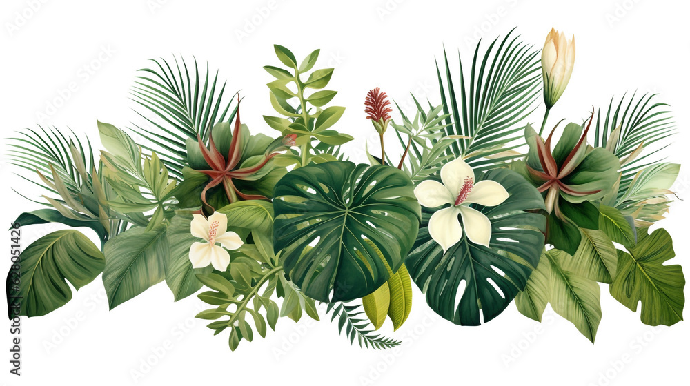 Fototapeta premium composition of tropical leaves and flowers on a white background. Generative Ai. 