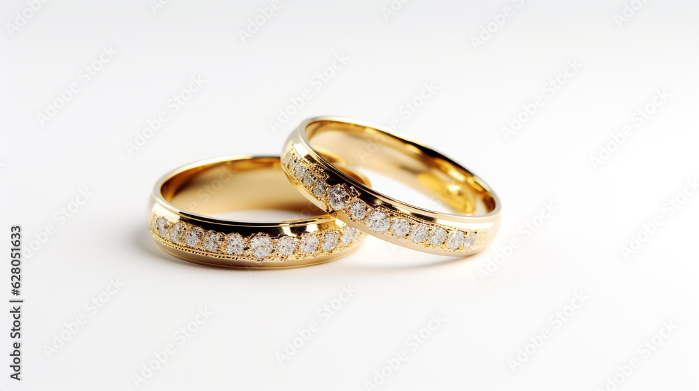two gold wedding rings with diamonds on a white background. Generative Ai. two gold wedding rings with diamonds on a white background. Generative Ai.
