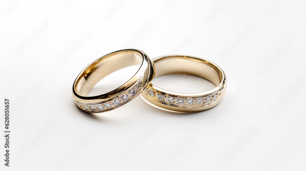 two gold wedding rings isolated on white background. Generative Ai. two gold wedding rings isolated on white background. Generative Ai.