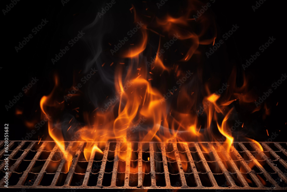 BBQ Grill Background, Empty With Flames Coming Through the Grill