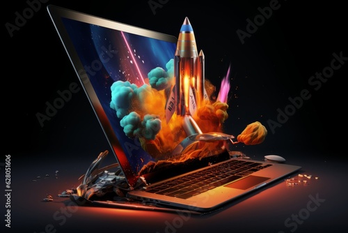 Digital illustration of laptop and space rocket shuttle launching with a cloud of smoke. Startup, success, creative idea, speed, technology concept