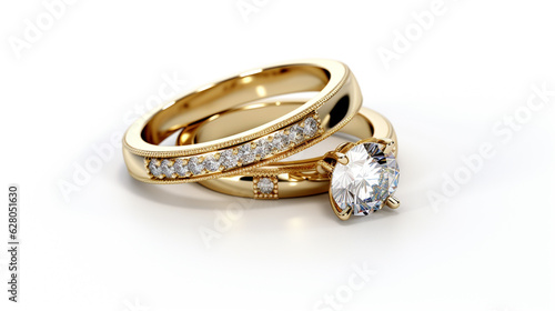 wedding gold rings with diamonds on a white background close-up. Generative Ai. 