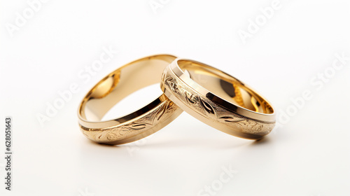 two gold wedding rings isolated on white background. Generative Ai. 