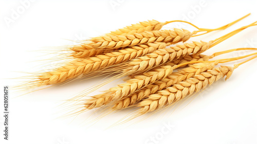 Ears of wheat on a white table close-up. Generative Ai. 