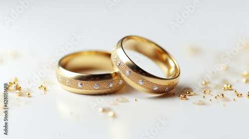 two wedding rings with small diamonds on a white background. Generative Ai. 