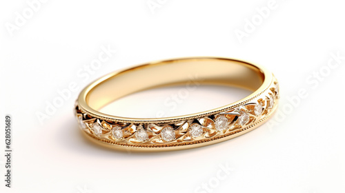 Engagement gold ring with diamonds on a white background. Generative Ai. 