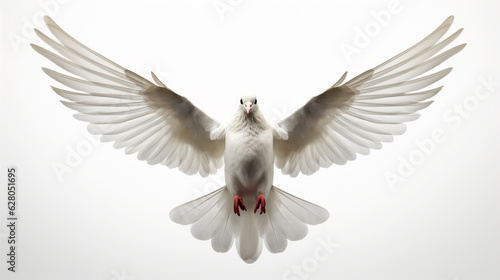 white dove flying on a white background. Generative Ai. 