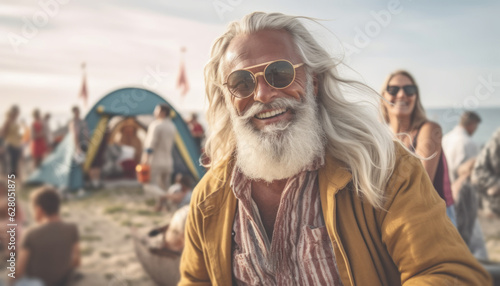 Retired elderly man with long white beard meets with old friends at a camp on the beach