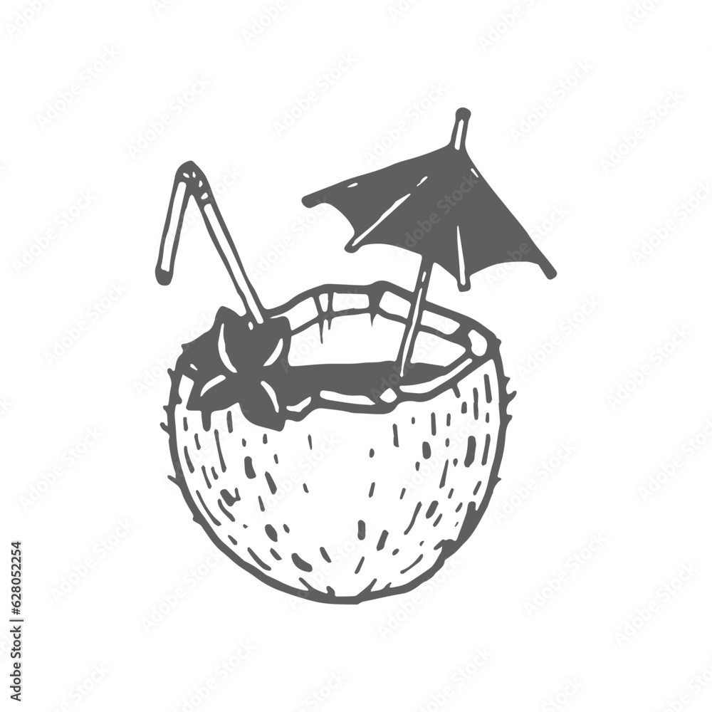 Coconut illustration, Coconut cocktail, beach, summer Coconut illustration, Coconut cocktail, beach, summer