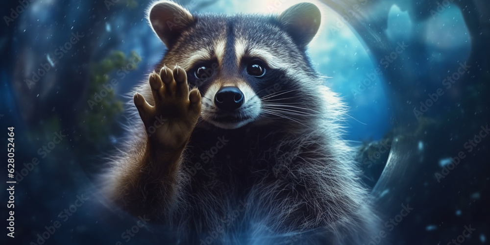 Obraz premium A Serene Raccoon Gazing into a Blue Clear Crystal Ball, Enveloped in Magic AI generated