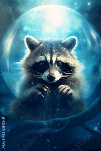 A Serene Raccoon Gazing into a Blue Clear Crystal Ball, Enveloped in Magic AI generated