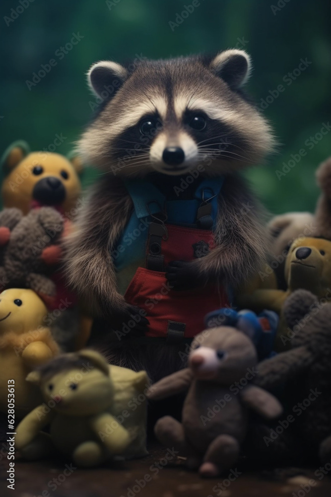 Amusing Raccoon Surrounded by a Vast Array of Stuffed Animals AI generated
