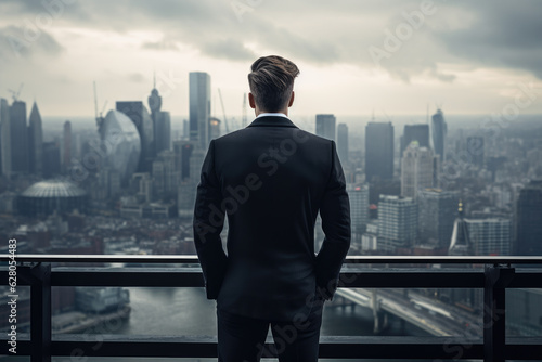 Fotografia A man in a suit standing on a rooftop, looking out over the city