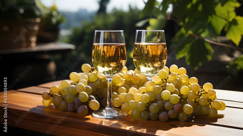 Glasses of white wine and ripe grapes on table in vineyard