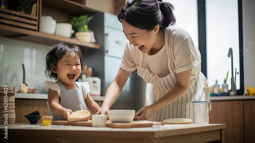 mother and child baking in kitchen