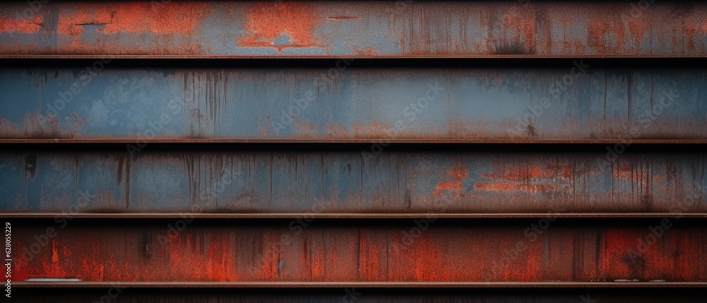 Industrial steel blue metal panels with rusty red corrosion texture, minimalistic grunge background - generative AI Industrial steel blue metal panels with rusty red corrosion texture, minimalistic grunge background - generative AI