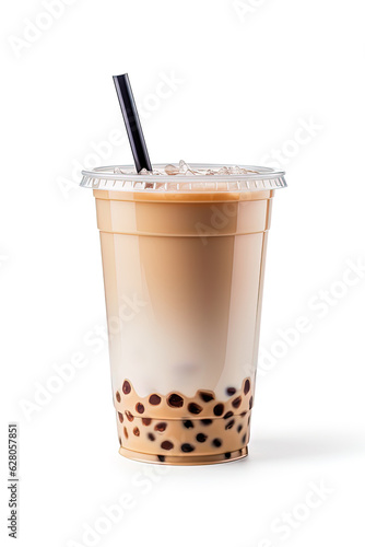 iced milk tea and bubble boba in the plastic glass on the white background