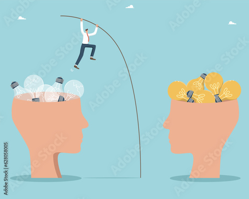 Looking for strategies and new creative ideas to create business and increase its profitability, thought process or intelligence for great success, man with pole jumps to head with working light bulbs