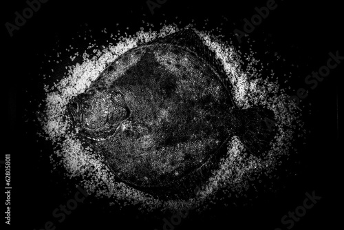 Foto Pescado rodaballo sobre sal en bodegon con fondo negro y formato horizontal