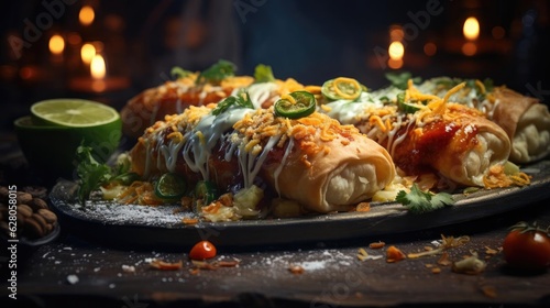 chimichanga full of vegetables, meat and mayonnaise prints on wooden table with blurred background photo