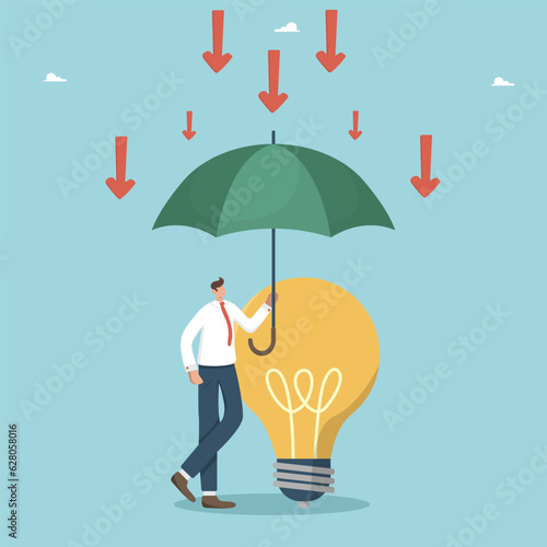 High-risk innovations, creative ideas that can withstand the economic crisis, brainstorming and new startups to take business to a new level, man protects light bulb from falling arrows with umbrella.