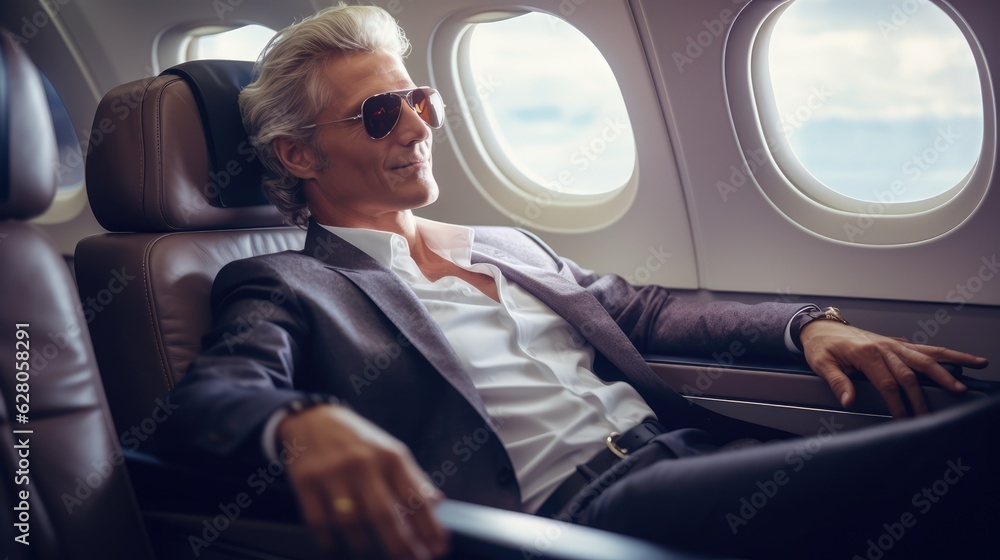 luxurious businessman travelling on a business class plane, Generative AI
