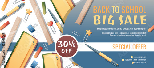Back to school discount banner template with diary, pencil case, pen and paper clips scattered on the surface. Learning, knowledge, education. Flyer, poster with textbooks