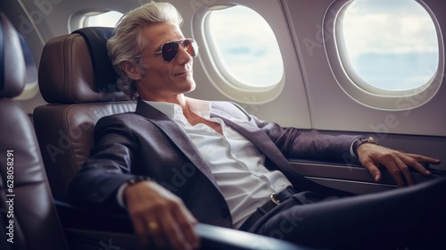 luxurious businessman travelling on a business class plane, Generative AI © Onchira