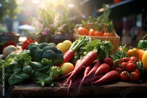 Fresh food photography at urban farmers markets with a focus on organic produce, Generative AI