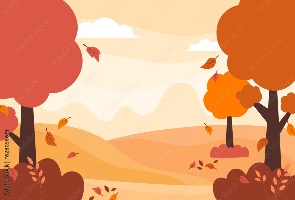 Fototapeta premium Flat design of natural autumn season landscape background vector illustration