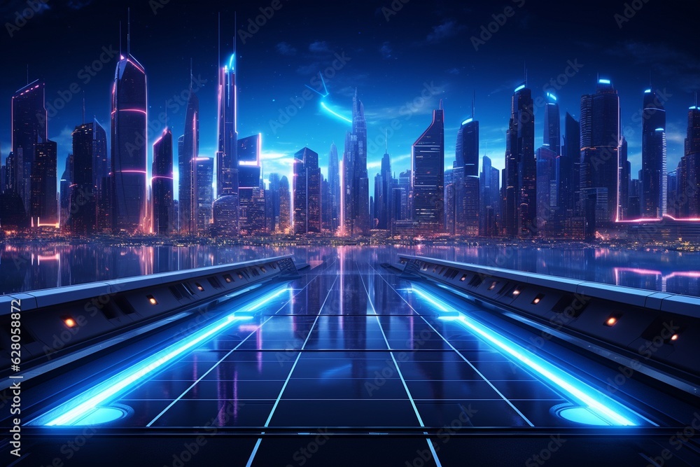 Cityscape photography with futuristic architecture and stunning night lighting, Generative AI