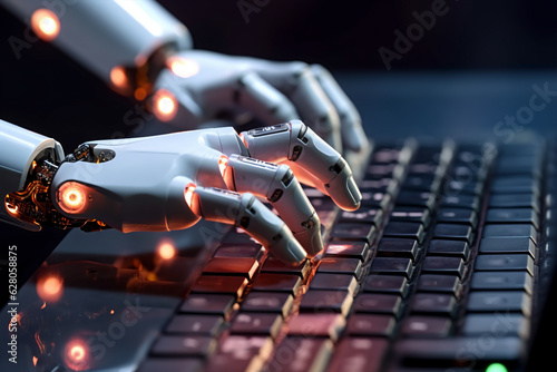 Artificial intelligence android robot hands writing text on compurter keypad. photo