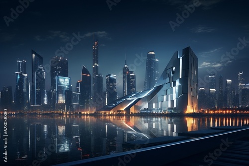 Cityscape photography with futuristic architecture and stunning night lighting, Generative AI © Nino47