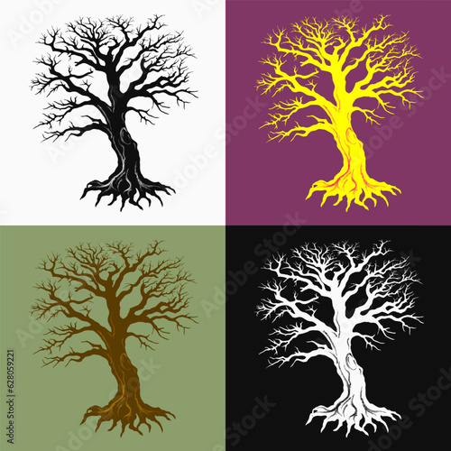 Detailed silhouette of dead old tree without leaves, with bare roots, textured trunk with hollow. Set with various backgrounds. Good for halloween design.