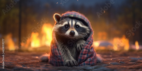Cheerful Raccoon Cozied up in a Warm Blanket by the Campfire AI generated