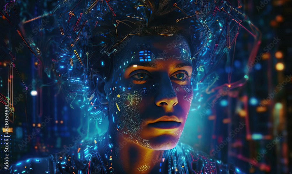 Neon cyborg - fantastic portrait of a young man