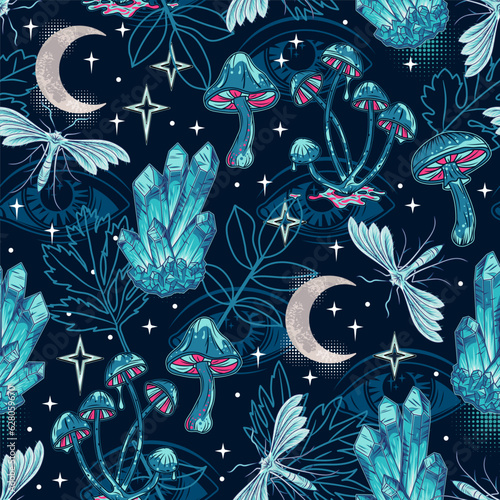 Night blue pattern with crescent moon, stars, butterfly, moth, mushrooms, forest leaves. Third eye on background. Mystery, fairy concept of natural power.