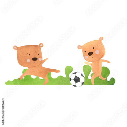 cubs play football  cute bears play ball  outdoor sports games painted with watercolors  outdoor physical education